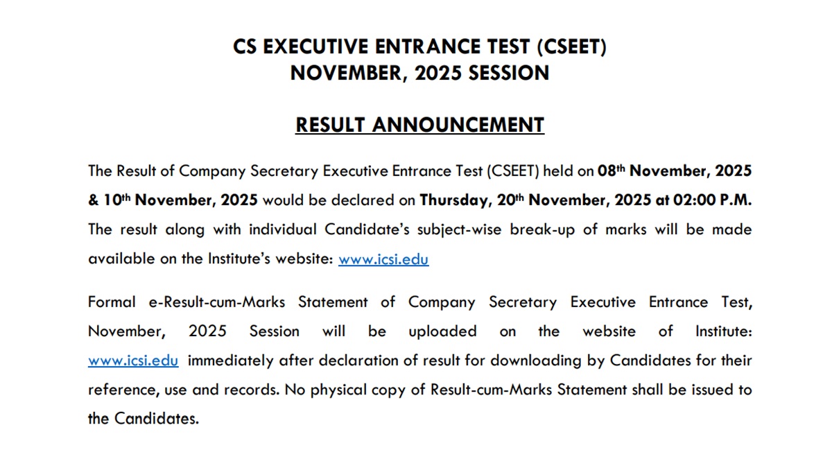 ICSI CSEET November 2025 result will be released tomorrow, November 20, 2025, at 2 PM
